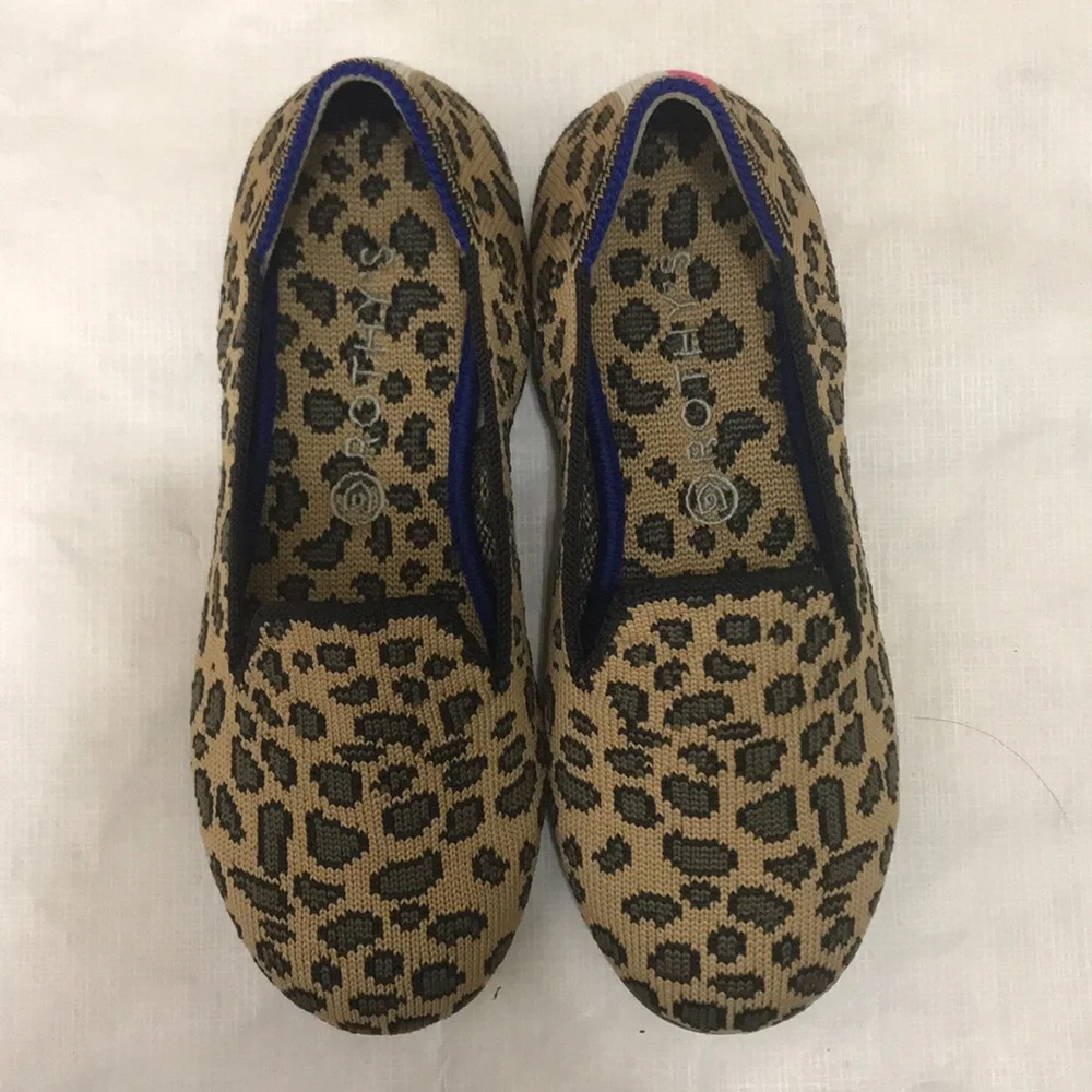 Rothy's Kids Leopard Print loafers with Pink & Blue Accents